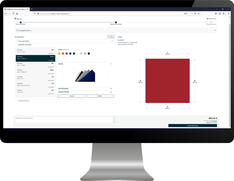 Im zweiten Schritt entscheiden Sie am PC, welches Material und welche Farbe die Plane haben soll.