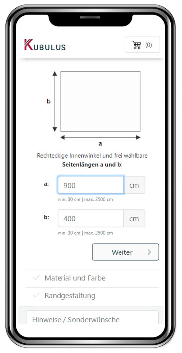 Auch mobile ist der erste Schritt die Bestimmung von Form und Maßen.