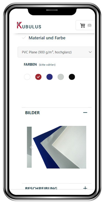 Am Handy entscheiden Sie im zweiten Schritt über Material und Farbe der Plane.